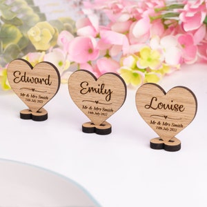 Personalised Wooden Wedding Placenames Place Settings, Heart Shaped Place Names On Stand, Rustic Personalized Place Cards, Table Decorations image 3