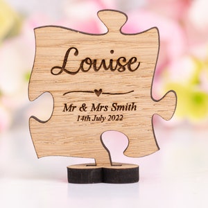 Personalised Jigsaw Wedding Placenames Place Settings, Wooden Puzzle Piece Place Names On Stand, Rustic Personalized Place Cards image 4