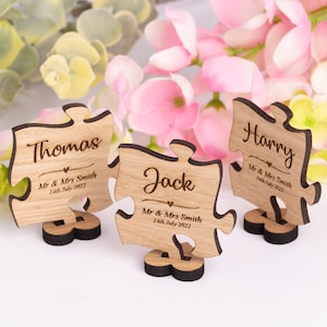 Personalised Jigsaw Wedding Placenames Place Settings, Wooden Puzzle Piece Place Names On Stand, Rustic Personalized Place Cards image 3
