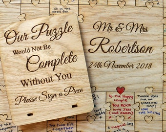 Rustic Wooden Personalized Wedding Jigsaw Puzzle Guestbook - Personalised Heart Shaped Knobs Chic Shabby Oak