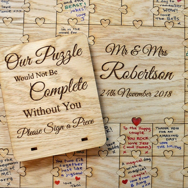 Rustieke houten gepersonaliseerde bruiloft puzzel gastenboek - gepersonaliseerde hartvormige knoppen chique shabby eiken