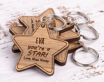 Christmas Keyring Gifts, Teacher Pupil Gift, Personalised Wooden Star, Leaving Present From Teacher, Graduation Gift For Pupils 2023