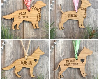 Personalised Dog Shaped Oak Wooden Christmas Baubles - All Breeds