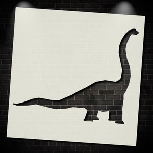May include: A black silhouette of a dinosaur, possibly a brachiosaurus, is cut out of a white background. The dinosaur is facing right and has a long neck and tail.