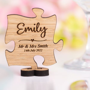 Personalised Jigsaw Wedding Placenames Place Settings, Wooden Puzzle Piece Place Names On Stand, Rustic Personalized Place Cards image 2