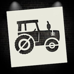 Peut inclure: Un pochoir de tracteur, découpé dans un matériau crème. Le tracteur est représenté dans un style silhouette simple, avec des détails tels que les roues, la cabine et le tuyau d'échappement. Le fond est un mur de briques sombres.