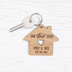 Personalized New Home Oak Keyrings, Couples Housewarming Gift