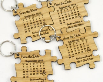 Wedding Save the Dates - Wooden Jigsaw Puzzle Piece - Fridge Magnets / Keyrings With Calendar