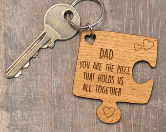 Personalised Oak Wooden Jigsaw Piece Fathers Day Keyring Holds Us All Together - Rustic Personalized Key Chain