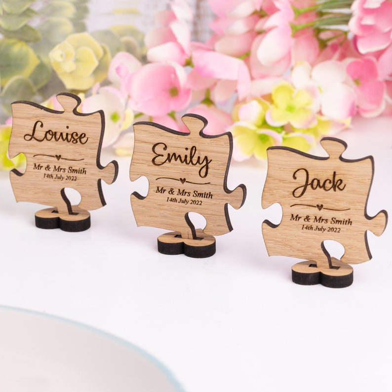 Personalised Jigsaw Wedding Placenames Place Settings, Wooden Puzzle Piece Place Names On Stand, Rustic Personalized Place Cards image 1