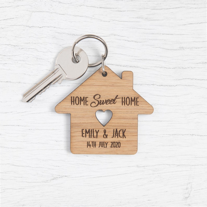 Personalised New Home Gift, Our First Home House Shaped Wooden Keyrings, Personalized Home Sweet Home Present, For Couples Wife Husband image 3