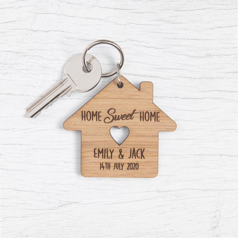 Personalized New Home Oak Keyrings, Couples Housewarming Gift