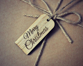 Wooden Merry Christmas Gift Tags - Deluxe Rustic Engraved Present Tag With Twine String, For Wine Whisky Bottles etc
