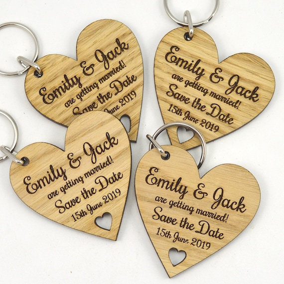 Wedding Save the Date Keyrings Rustic Heart Shaped Wooden Keyring