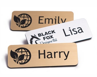 Personalised Name Badges, Staff Badge, Custom Logo, Pin Badge, Silver Gold Wooden Coloured