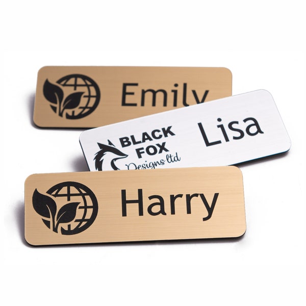 Personalised Name Badges, Staff Badge, Custom Logo, Pin Badge, Silver Gold Wooden Coloured