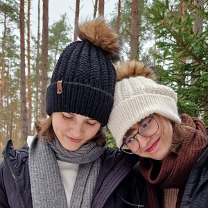 Hand-knit beanie with Fur Pom-Pom - Cozy, Warm Alpaca Winter Hat, Luxurious HandKnit Alpaca Beanie - Soft Beanie, Alpaca Winter Hat