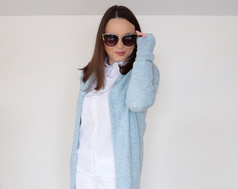 Blue cardigan, Wool knit cardigan, Open Women cardigan, Knitted tops, Winter women cardigan, Spring cardigan, Lightweight cardigan