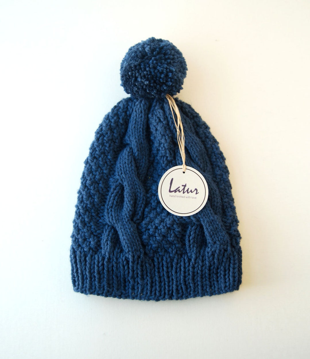 Navy Cable Knit Pompom Hat Holiday Gift for Her Christmas  display picture 2