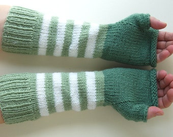Christmas Gift for Women, Green Stripe Fingerless Mittens