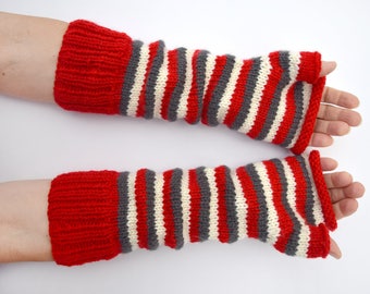 Red, Grey and White Striped Mittens Holiday gift for her, Christmas gift