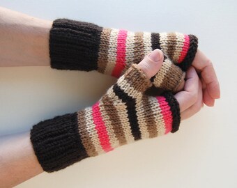 Holiday Gift for Women, Pink Brown Stripe Fingerless Arm Warmers