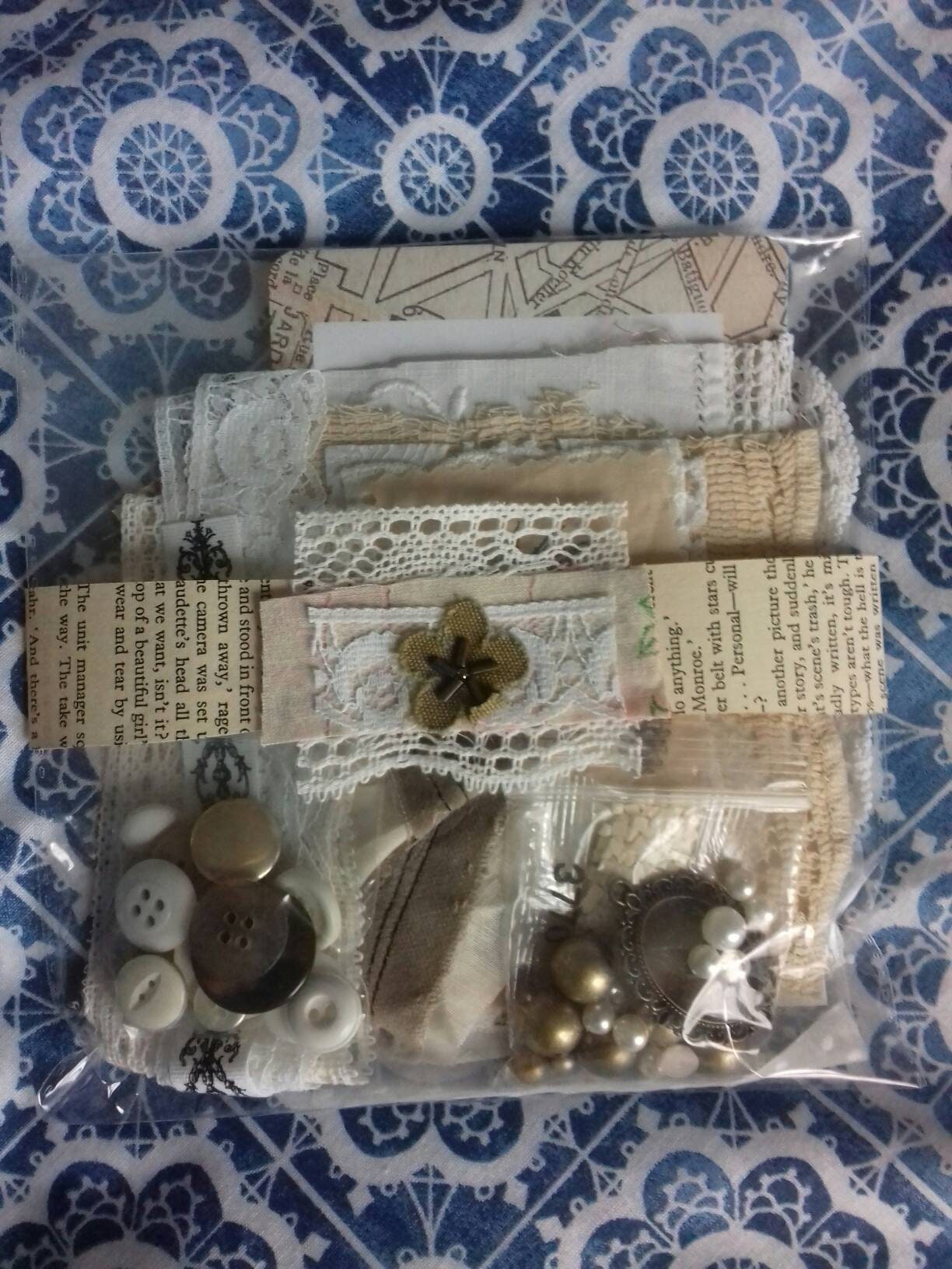linen and lace textile embellishment kit. sewing journal Etsy