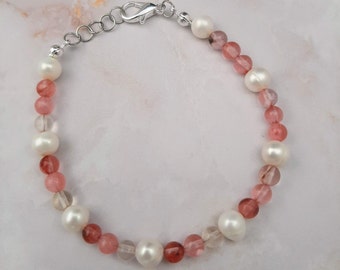Cherry Quartz and Pearl Bracelet