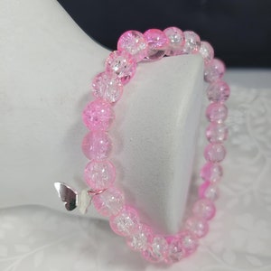 Pink Crackle Bead Stretch Bracelet with Butterfly Charm