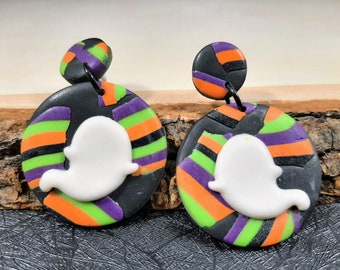 Striped Ghost Dangle Earrings | Polymer Clay Halloween Earrings