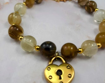 Gold Lock Charm Bracelet | Brown and Gold Bracelet | Beaded Charm Bracelet