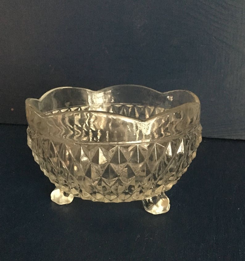 Vintage Cut Glass Footed Display Bowl By Indiana Diamond Point Crystal Decor Serving Piece Classic Versatile Glam
