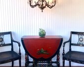 Antique Bohemian Gateleg Table, 48 Drop Leaf Table, Eclectic Asian Japanned Dining Table, Narrow 12 (Folded) Red Chinoiserie Hall Table