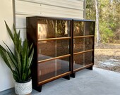 Mid Century Modular Bookshelves with Sliding Glass Doors Pair of Barrister Cabinets Home Office Shelving Stacking Bookshelf