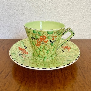 Art Deco Teacup and Saucer Set Antique English China Green Pebbles Pattern by Royal Winton Grimwades 1930s