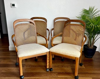 4 Mid Century Caned Armchairs Rolling Dining Chairs 1980s Vintage SET of 4 Caster Chairs Oak Dinette Armchairs with Cushioned Seats