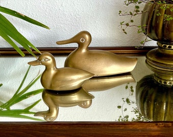 Brass Ducks Pair Mid Century Duck Figurines Mom and Baby Water Fowl Traditional Set of Two Man Cave Bird Hunting Decor