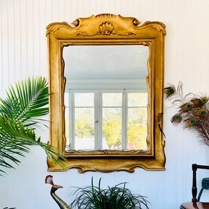 Louis XVI Gold Leaf Mirror Huge Antique 49.5” French Neoclassical Style Wide Frame Rectangular Gilded Wood Accent Mirror