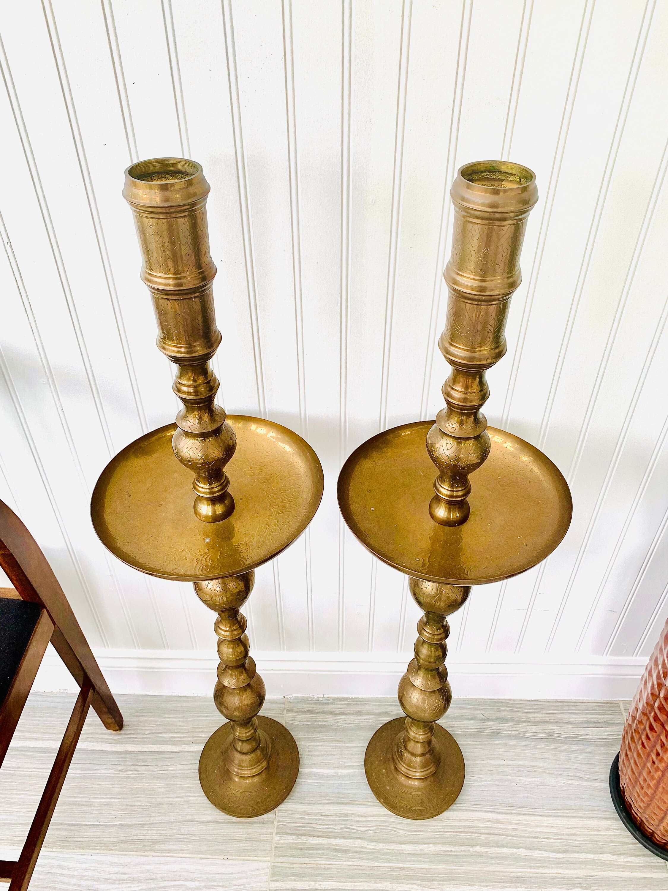 Bohemian Brass Floor Candlesticks Pair 39 Turkish Ottoman Etsy
