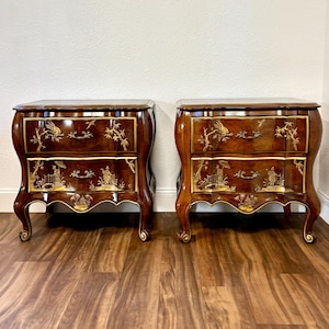 PAIR of French Louis XV Style Walnut Bombe Chests with Japanned Decorations in Gold Gilt, Pls CONTACT us for Shipping Quote!