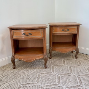 Pair French Provençal Nightstands with Drawer and Open Storage Coastal Sand Wash Finish, Vintage, Shipping Included