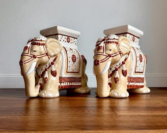 ONE Vintage Ceramic Elephant Garden Seat / Plant Stand / Table, 22” Blanc & Tan Pachyderm Stool (Two available)