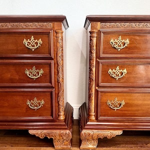 PAIR of George III Solid Cherry Nightstands, Vintage Chippendale Commodes