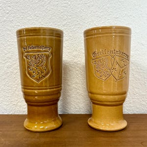 Vintage German Beer Stein Tumblers by Majolica Pottery, a Pair of Glazed Ceramic Brewery Cups from Germany