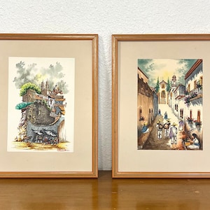 Vintage Pair of Paintings Mexican Villa Scenes Colorful Framed Art Pictures Pen Ink Watercolor Southwest Decor