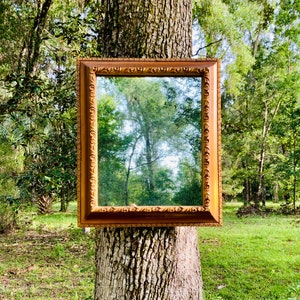 May include: A rectangular gold-framed mirror hangs on a tree trunk, reflecting a lush green forest scene. The ornate frame has detailed carvings. The mirror is a decorative item for home decor.