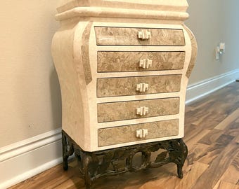 Vintage Maitland Smith tessellated Marble petit Bombe Style Commode or Chest with 5 drawers