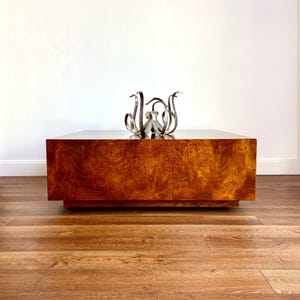 May include: A large, rectangular coffee table with a rich, warm wood grain finish. The table features a decorative metal sculpture on top. The sculpture has a unique design with multiple curved elements. The table is set on a wooden floor.