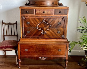 Antique Art Nouveau Tall Dresser 2 Piece Stacked Chest on Chest 7 Drawers 40” Wide Mahogany & Satinwood 1920s Art Deco