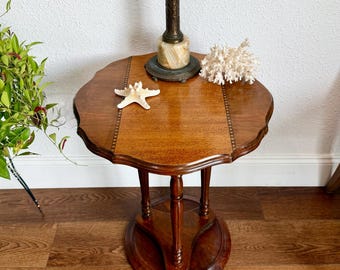 Petit Antique Scalloped Edge Table with Inlaid Banding and Spindle Legs